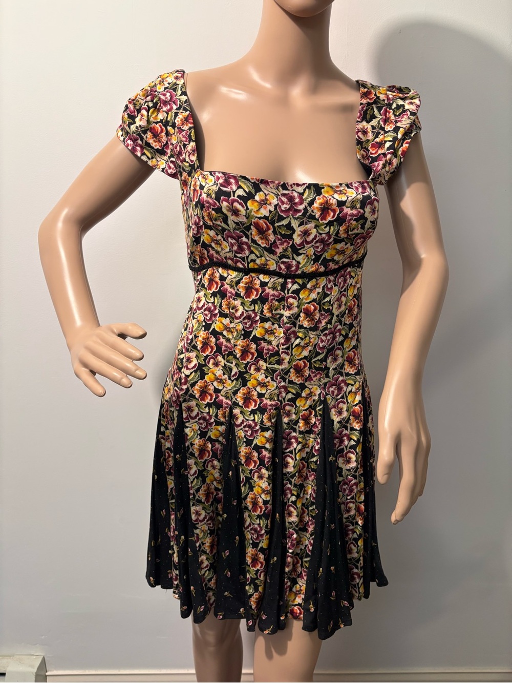 Free People Black Floral Square-Neck Mini Dress with Yellow & Pink Accents
